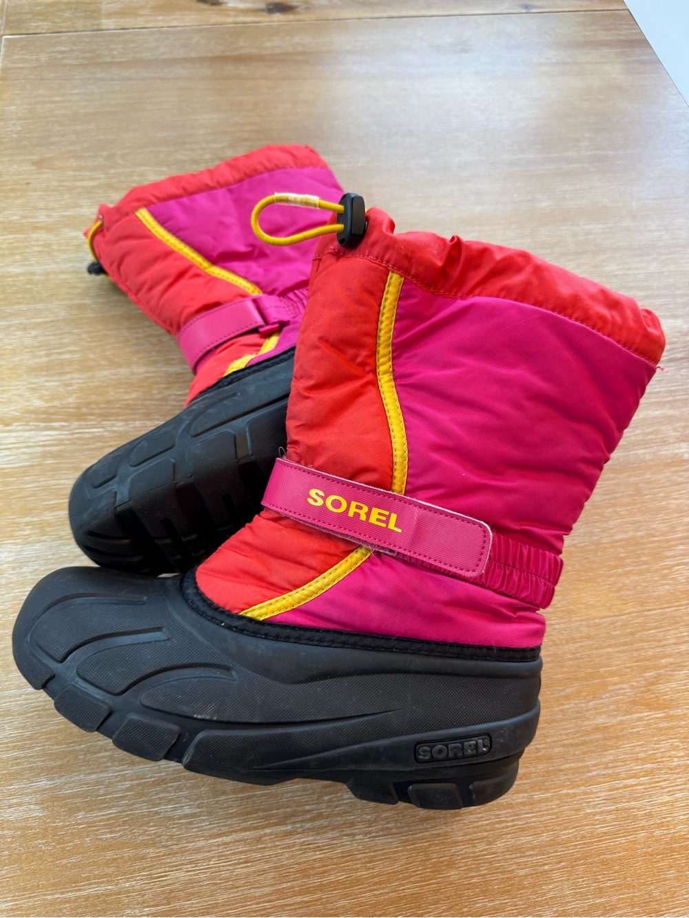 Sorel Pink and Red Kids Winter Boots with Yellow Trim